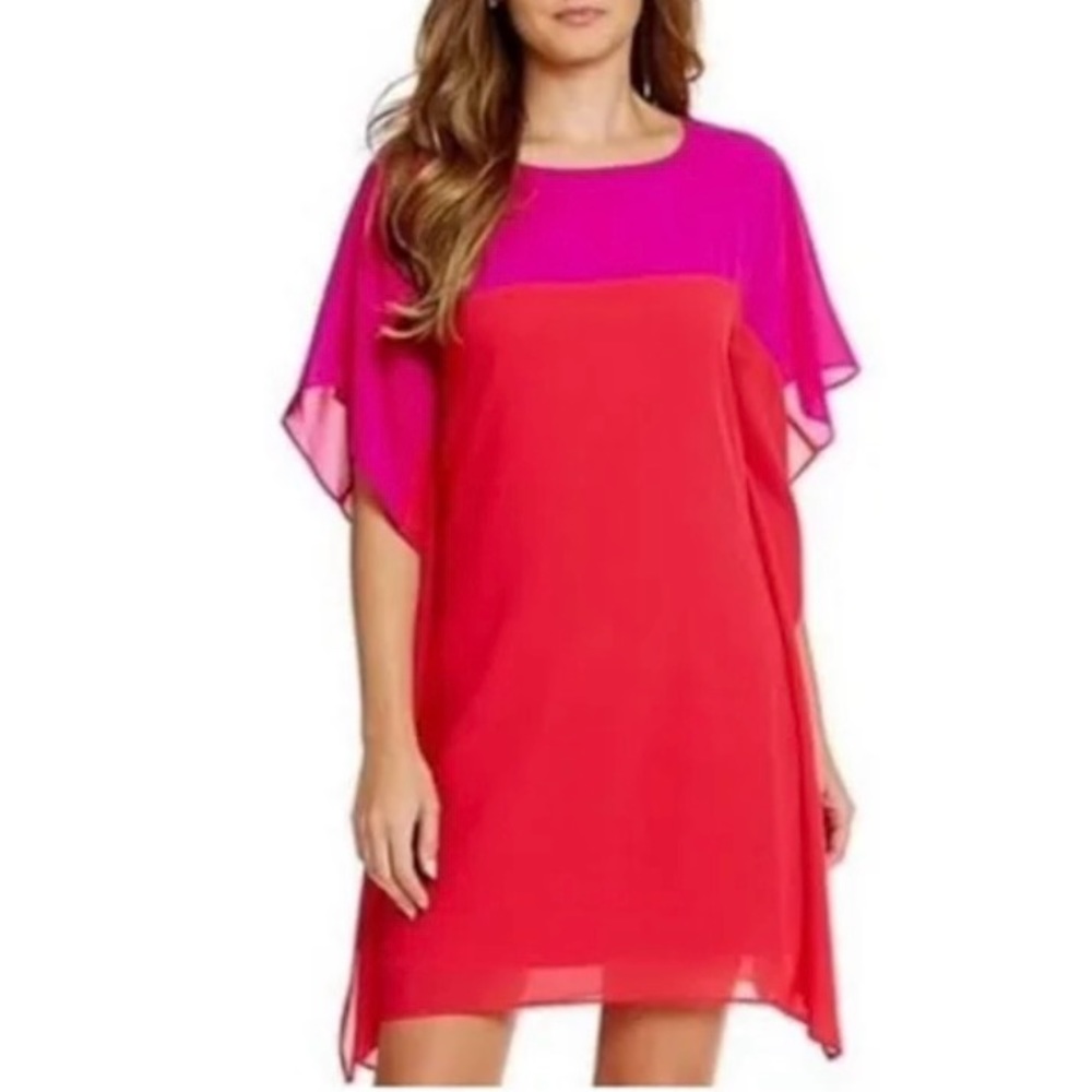 Belle Badgley Mischka Women’s Chiffon Mini Dress Colorblock Red/ Pink Size XS